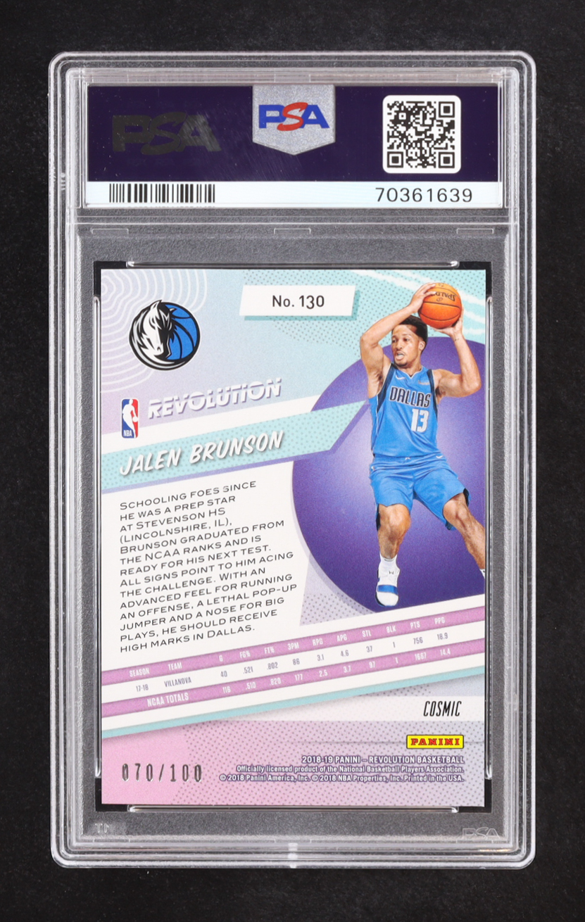 Jalen Brunson 2018-19 Panini Revolution Cosmic #130 RC #70/100 (PSA 9) at PristineAuction.com Jalen Brunson 2018-19 Panini Revolution Cosmic #130 RC #70/100 (PSA 9) at PristineAuction.com