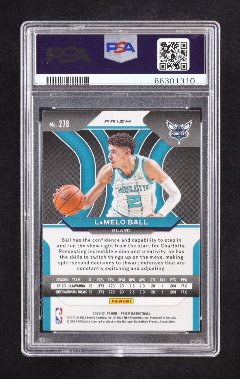 LaMelo Ball 2020-21 Panini Prizm Prizms Red White and Blue #278 RC (PSA 9) at PristineAuction.com LaMelo Ball 2020-21 Panini Prizm Prizms Red White and Blue #278 RC (PSA 9) at PristineAuction.com
