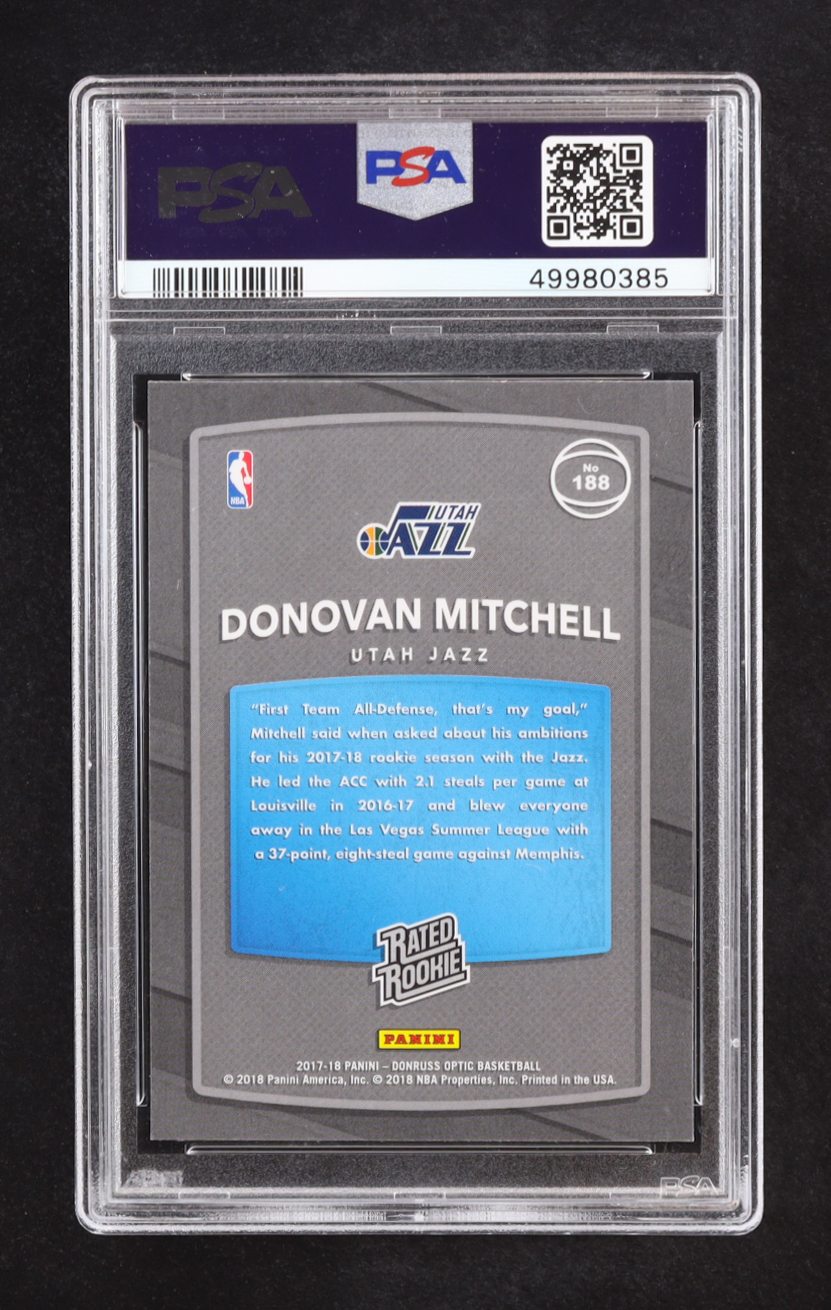 Donovan Mitchell 2017-18 Donruss Optic Mega Box Rated Rookie Red Yellow #188 RR RC (PSA 9) at PristineAuction.com Donovan Mitchell 2017-18 Donruss Optic Mega Box Rated Rookie Red Yellow #188 RR RC (PSA 9) at PristineAuction.com
