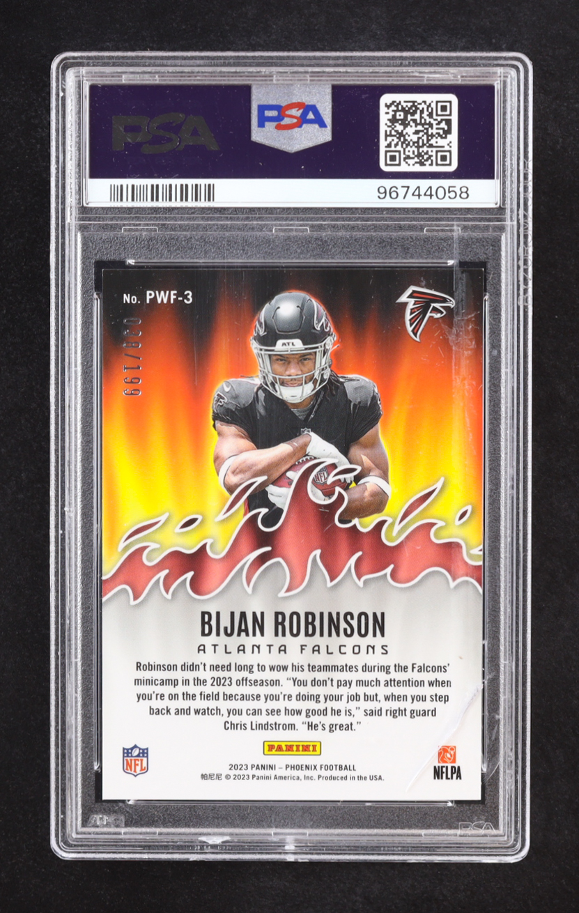 Bijan Robinson 2023 Panini Phoenix Playing with Fire Red #3 #38/199 RC (PSA 9) at PristineAuction.com Bijan Robinson 2023 Panini Phoenix Playing with Fire Red #3 #38/199 RC (PSA 9) at PristineAuction.com