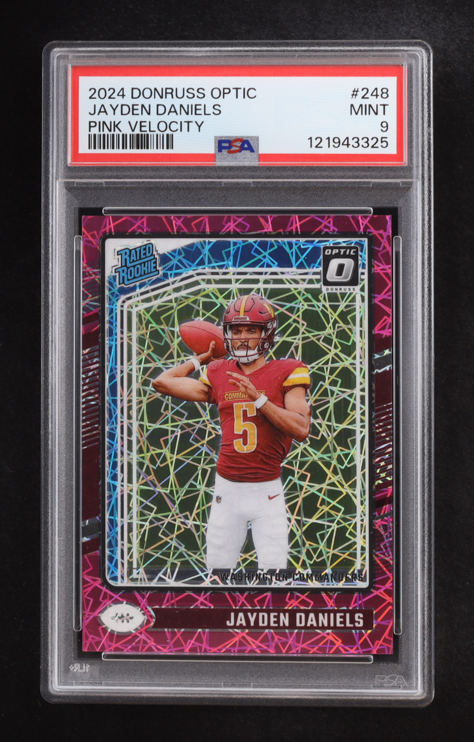 Jayden Daniels 2024 Donruss Optic Pink Velocity #248 RC #78/80 (PSA 9) at PristineAuction.com Jayden Daniels 2024 Donruss Optic Pink Velocity #248 RC #78/80 (PSA 9) at PristineAuction.com
