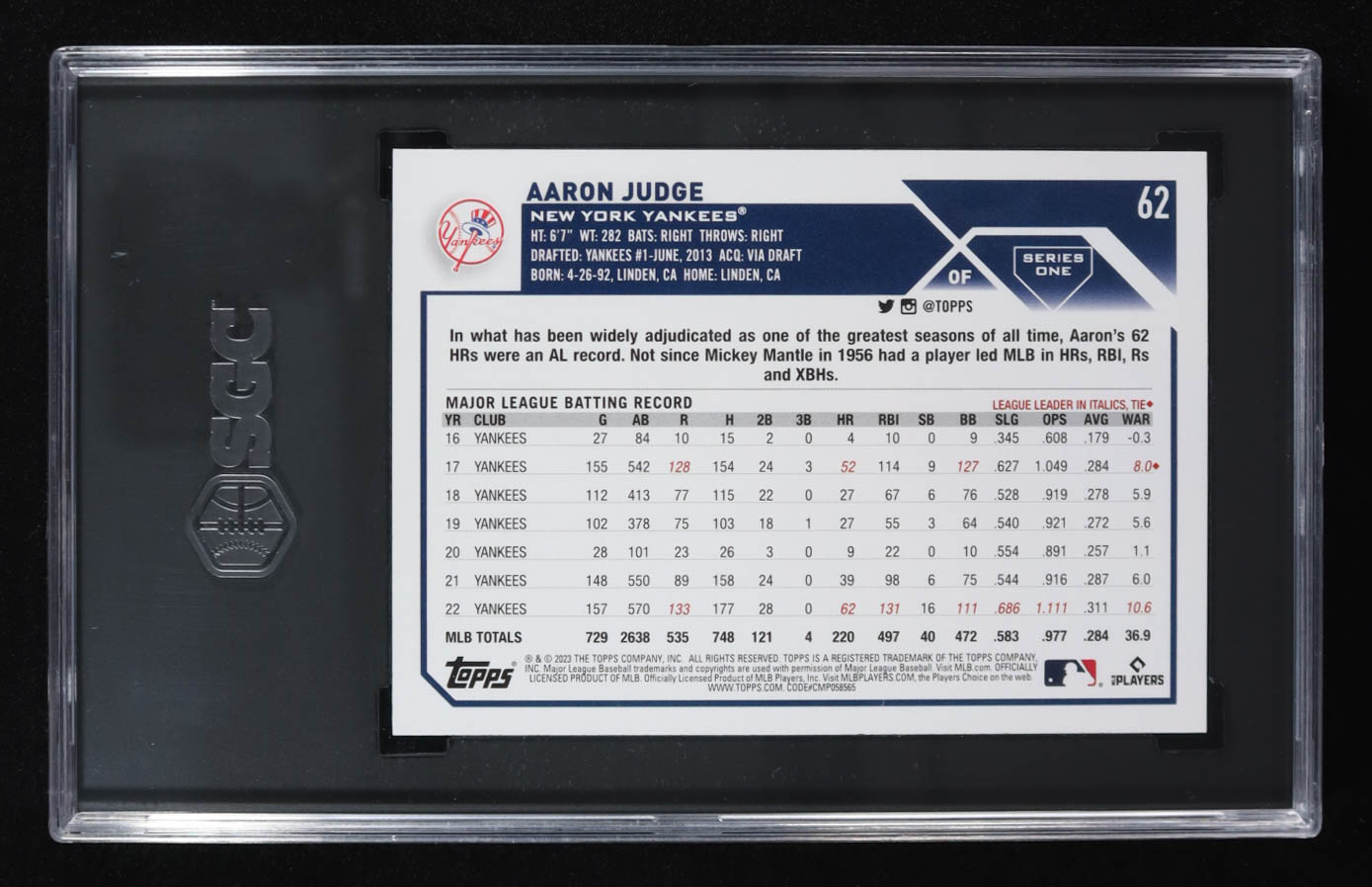 Aaron Judge 2023 Topps #62 (SGC 10) at PristineAuction.com Aaron Judge 2023 Topps #62 (SGC 10) at PristineAuction.com