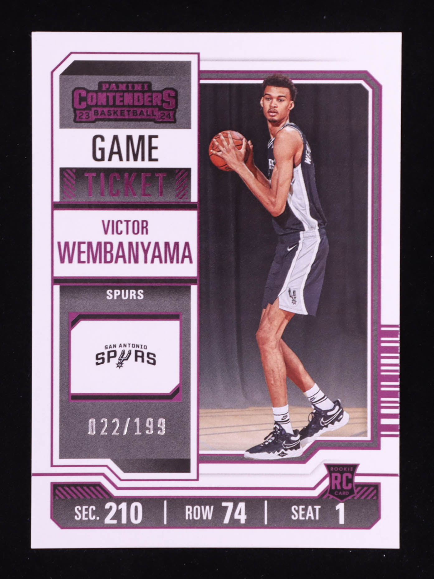 Victor Wembanyama 2023-24 Panini Contenders Game Ticket Pink #11 #022/199 RC at PristineAuction.com Victor Wembanyama 2023-24 Panini Contenders Game Ticket Pink #11 #022/199 RC at PristineAuction.com