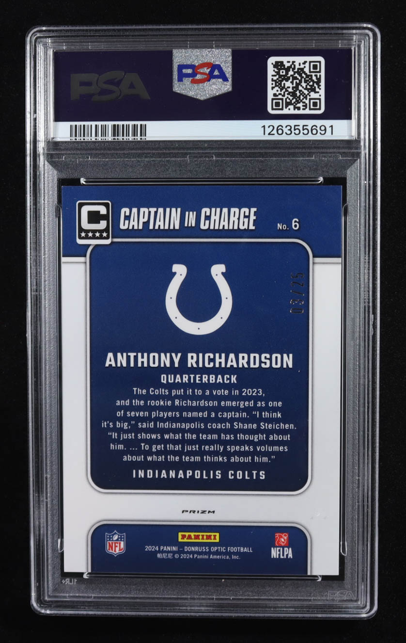 Anthony Richardson 2024 Donruss Optic Captain in Charge Purple Stars #6 #3/25 (PSA 10) at PristineAuction.com Anthony Richardson 2024 Donruss Optic Captain in Charge Purple Stars #6 #3/25 (PSA 10) at PristineAuction.com