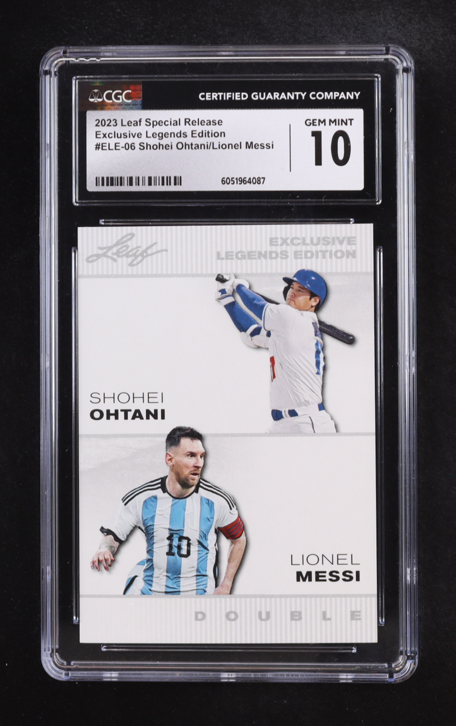 Shohei Ohtani / Lionel Messi 2023 Leaf Special Release Exclusive Legends Edition Dual #ELE06 (CGC 10) at PristineAuction.com Shohei Ohtani / Lionel Messi 2023 Leaf Special Release Exclusive Legends Edition Dual #ELE06 (CGC 10) at PristineAuction.com