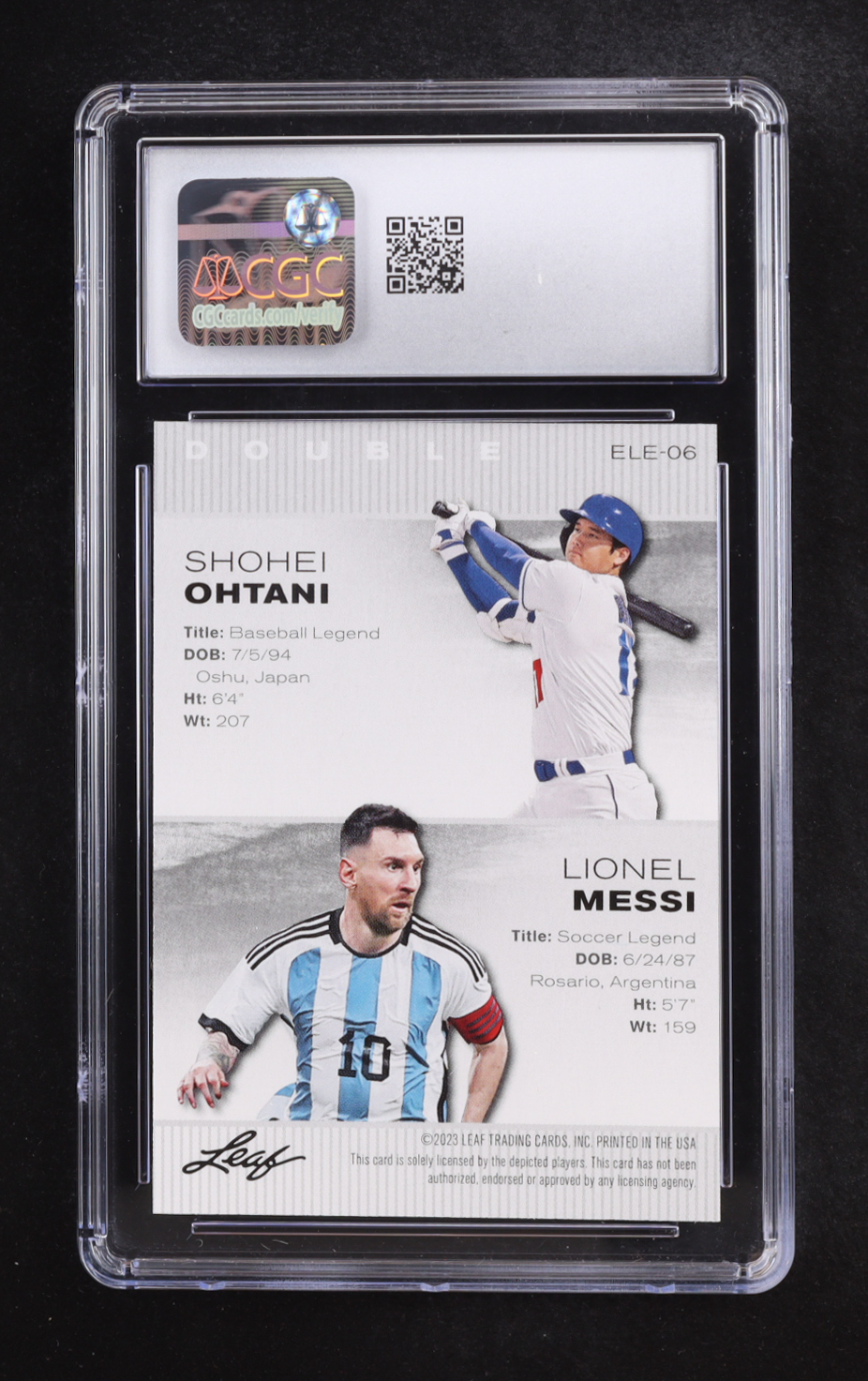 Shohei Ohtani / Lionel Messi 2023 Leaf Special Release Exclusive Legends Edition Dual #ELE06 (CGC 10) at PristineAuction.com Shohei Ohtani / Lionel Messi 2023 Leaf Special Release Exclusive Legends Edition Dual #ELE06 (CGC 10) at PristineAuction.com