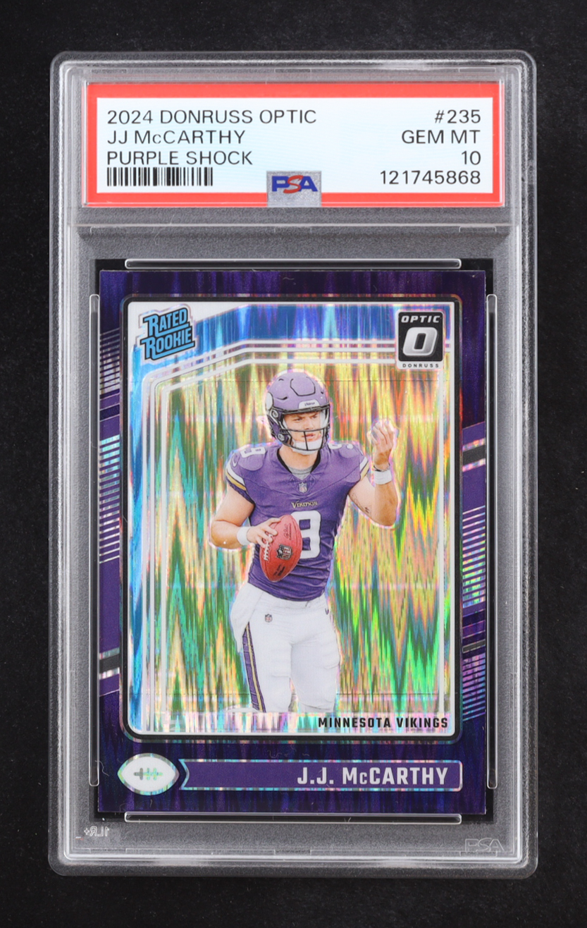 J.J. McCarthy 2024 Panini Donruss Optic Purple Shock Rated Rookie Prizm #235 RC (PSA 10) at PristineAuction.com J.J. McCarthy 2024 Panini Donruss Optic Purple Shock Rated Rookie Prizm #235 RC (PSA 10) at PristineAuction.com