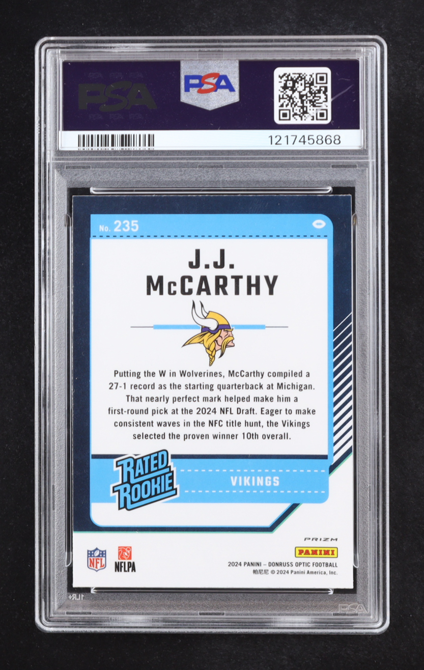 J.J. McCarthy 2024 Panini Donruss Optic Purple Shock Rated Rookie Prizm #235 RC (PSA 10) at PristineAuction.com J.J. McCarthy 2024 Panini Donruss Optic Purple Shock Rated Rookie Prizm #235 RC (PSA 10) at PristineAuction.com