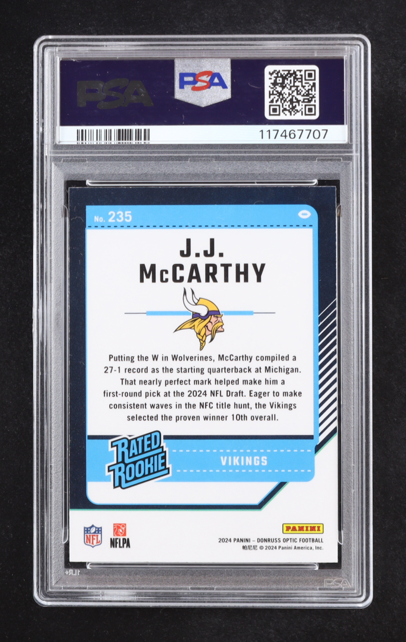J.J. McCarthy 2024 Panini Donruss Optic Purple Shock Rated Rookie Prizm #235 RC (PSA 10) at PristineAuction.com J.J. McCarthy 2024 Panini Donruss Optic Purple Shock Rated Rookie Prizm #235 RC (PSA 10) at PristineAuction.com