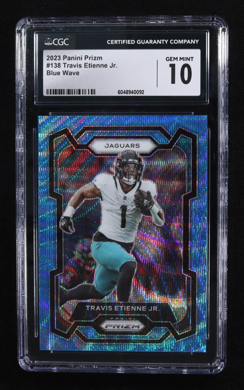 Travis Etienne Jr. 2023 Panini Prizm Prizms Blue Wave #138 #116/199 (CGC 10) at PristineAuction.com Travis Etienne Jr. 2023 Panini Prizm Prizms Blue Wave #138 #116/199 (CGC 10) at PristineAuction.com