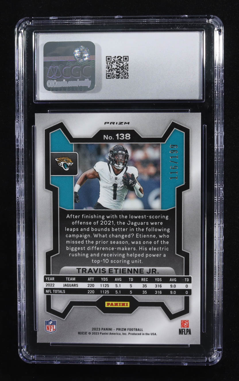 Travis Etienne Jr. 2023 Panini Prizm Prizms Blue Wave #138 #116/199 (CGC 10) at PristineAuction.com Travis Etienne Jr. 2023 Panini Prizm Prizms Blue Wave #138 #116/199 (CGC 10) at PristineAuction.com