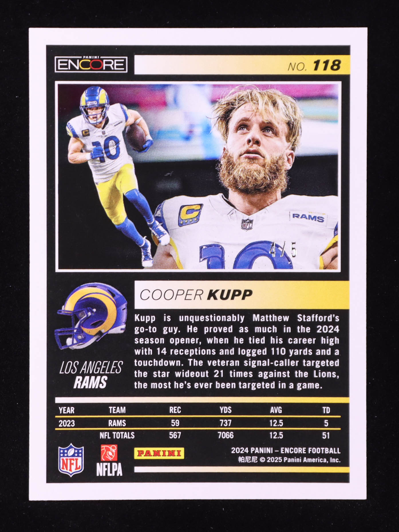 Cooper Kupp 2024 Panini Encore Neon #118 #4/5 at PristineAuction.com Cooper Kupp 2024 Panini Encore Neon #118 #4/5 at PristineAuction.com