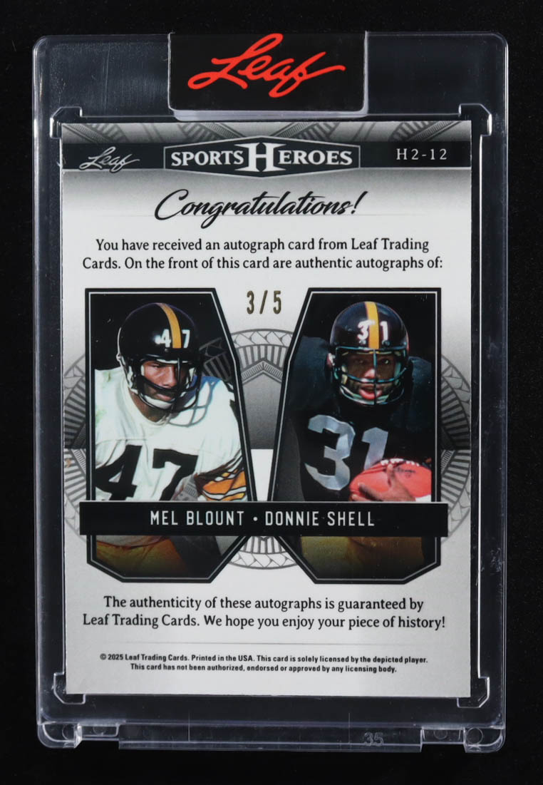 Mel Blount / Donnie Shell 2025 Leaf Metal Sports Heroes 2 Autographs Pink Crystal #H212 #3/5 at PristineAuction.com Mel Blount / Donnie Shell 2025 Leaf Metal Sports Heroes 2 Autographs Pink Crystal #H212 #3/5 at PristineAuction.com