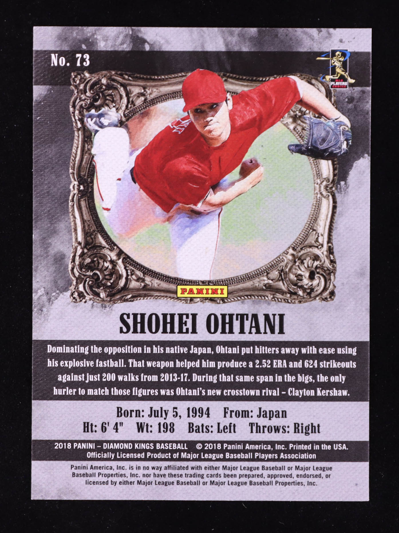 Shohei Ohtani 2018 Diamond Kings Black and White Variations #73 RC at PristineAuction.com Shohei Ohtani 2018 Diamond Kings Black and White Variations #73 RC at PristineAuction.com