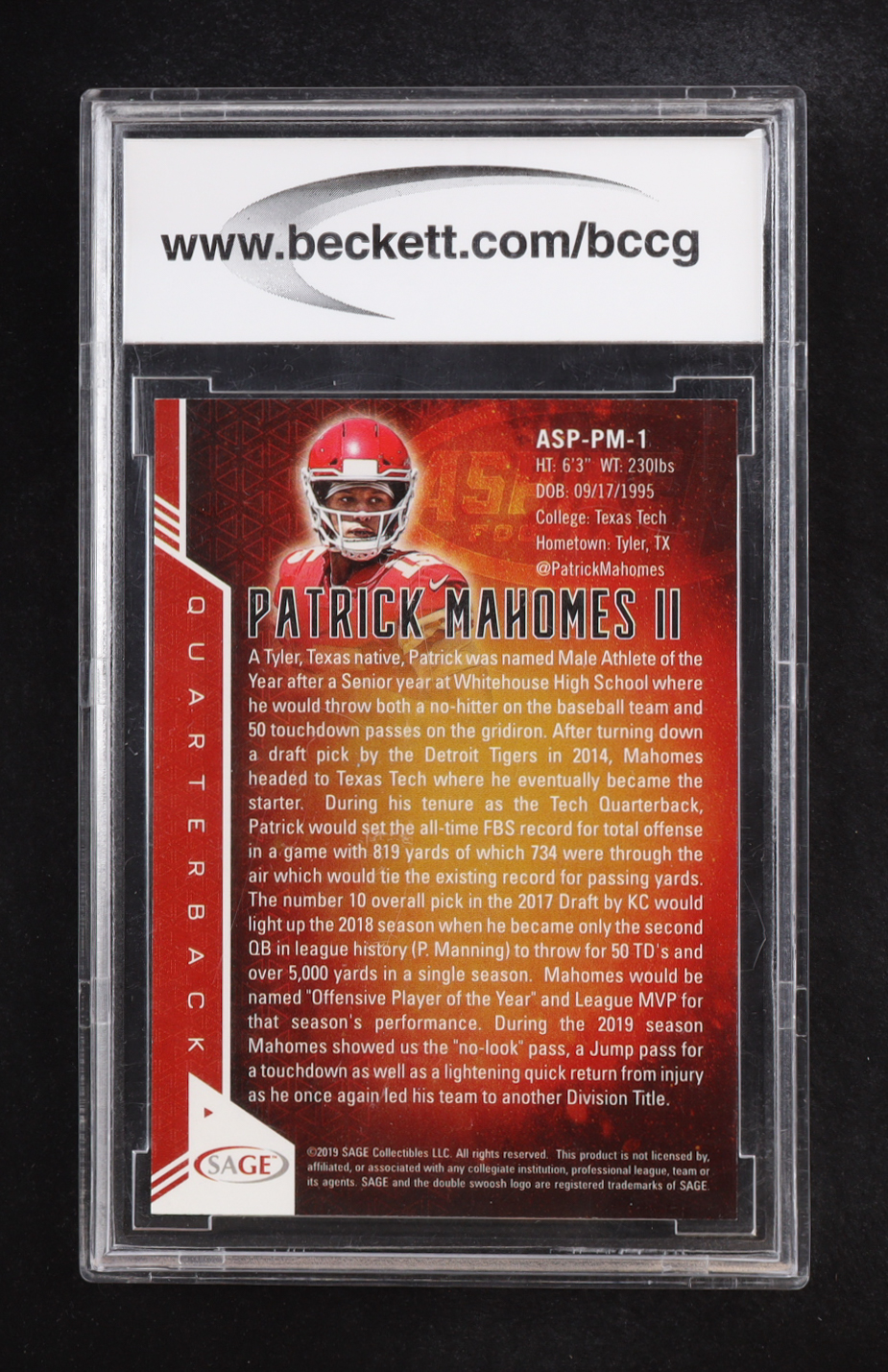 Patrick Mahomes II 2019 SAGE Aspire Red #ASPPM1 (BCCG 10) at PristineAuction.com Patrick Mahomes II 2019 SAGE Aspire Red #ASPPM1 (BCCG 10) at PristineAuction.com