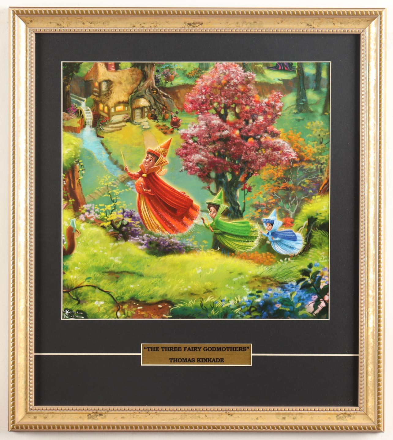Thomas Kinkade "Sleeping Beauty: The Three Fairy Godmothers" Custom Framed Print Display with Title Plaque at PristineAuction.com Thomas Kinkade "Sleeping Beauty: The Three Fairy Godmothers" Custom Framed Print Display with Title Plaque at PristineAuction.com