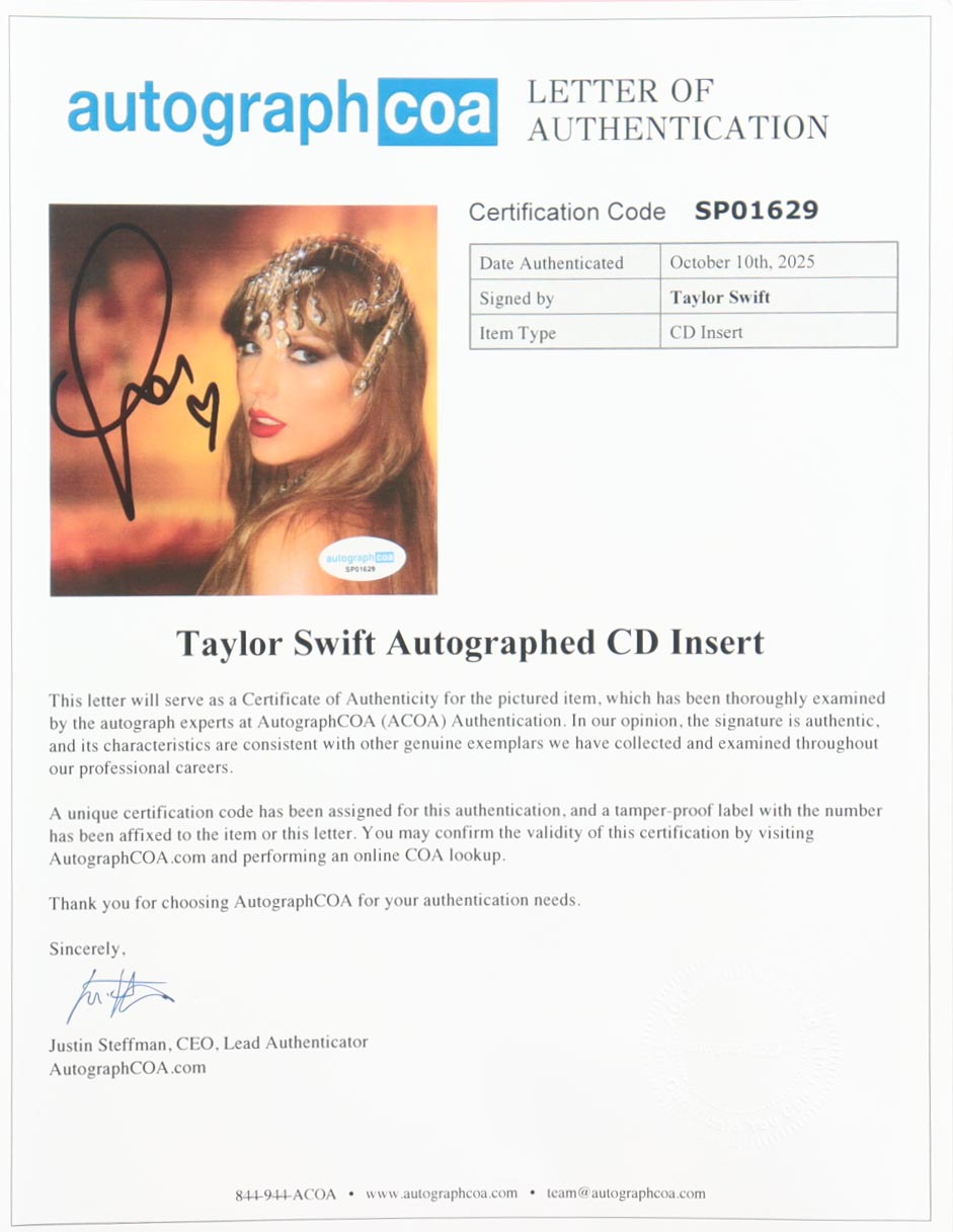 Taylor Swift Signed "The Life of a Showgirl" Custom Framed CD Insert Display (ACOA) at PristineAuction.com Taylor Swift Signed "The Life of a Showgirl" Custom Framed CD Insert Display (ACOA) at PristineAuction.com