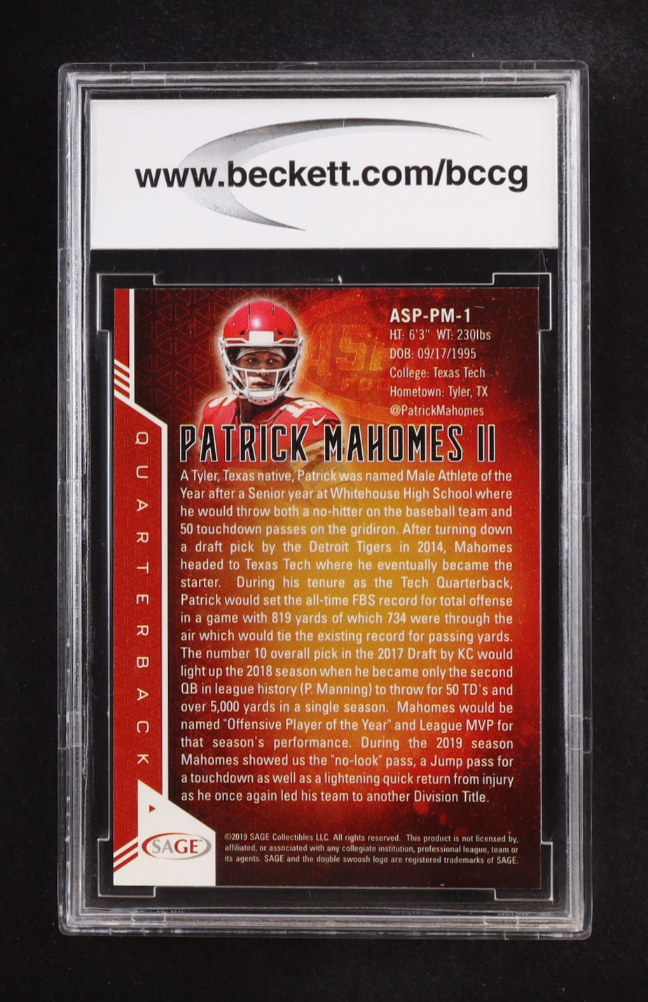 Patrick Mahomes II 2019 SAGE Aspire Red #ASPPM1 (BCCG 10) at PristineAuction.com Patrick Mahomes II 2019 SAGE Aspire Red #ASPPM1 (BCCG 10) at PristineAuction.com