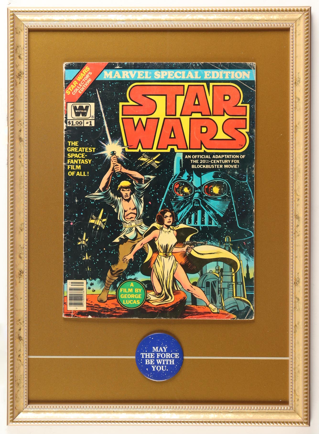 1977 "Star Wars" Issue #1 Custom Framed Marvel Comic Book Display with Lapel Pin at PristineAuction.com 1977 "Star Wars" Issue #1 Custom Framed Marvel Comic Book Display with Lapel Pin at PristineAuction.com