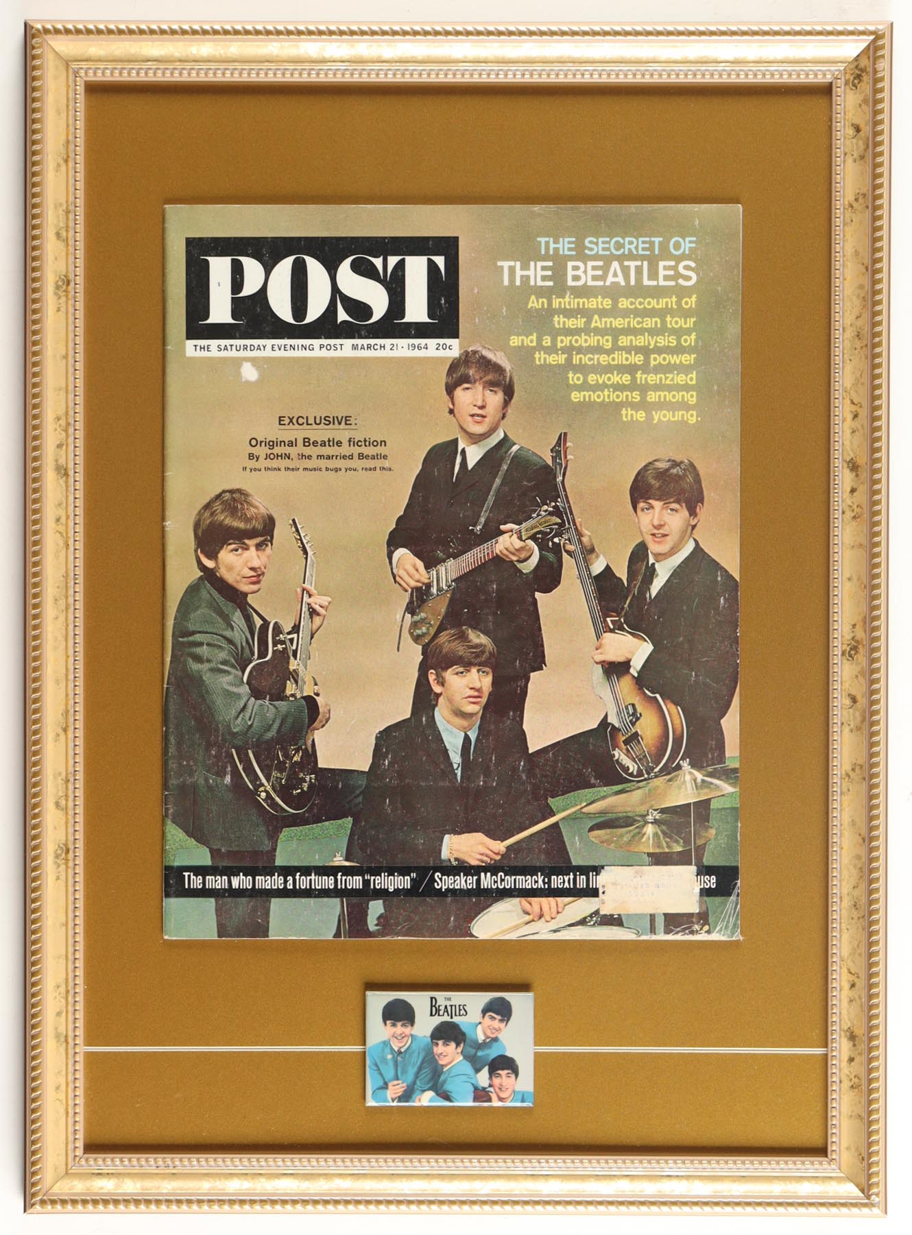 1964 The Beatles "POST" Custom Framed Magazine Display with Vintage Beatles Mirror at PristineAuction.com 1964 The Beatles "POST" Custom Framed Magazine Display with Vintage Beatles Mirror at PristineAuction.com