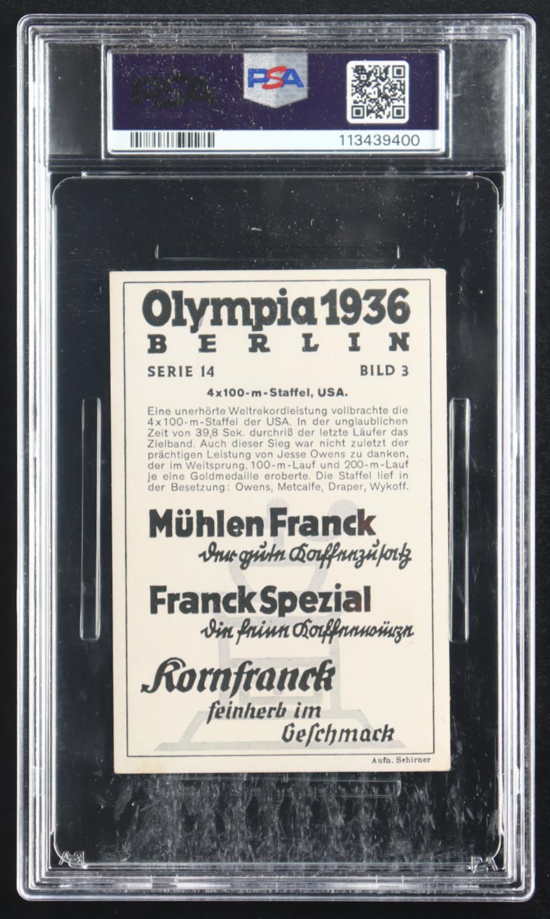 Owens/Metcalfe/Drapper/Wykoff 1936 Muhlen Franck Olympia 4 x 100 Meter 1936-Serie 14 #3 (PSA 2) at PristineAuction.com Owens/Metcalfe/Drapper/Wykoff 1936 Muhlen Franck Olympia 4 x 100 Meter 1936-Serie 14 #3 (PSA 2) at PristineAuction.com
