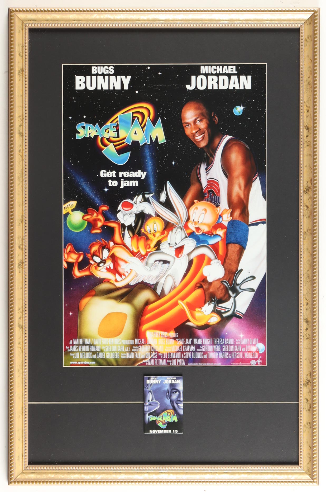 "Space Jam" Custom Framed Print Display with Original Pre-Movie Opening Label Pin at PristineAuction.com "Space Jam" Custom Framed Print Display with Original Pre-Movie Opening Label Pin at PristineAuction.com
