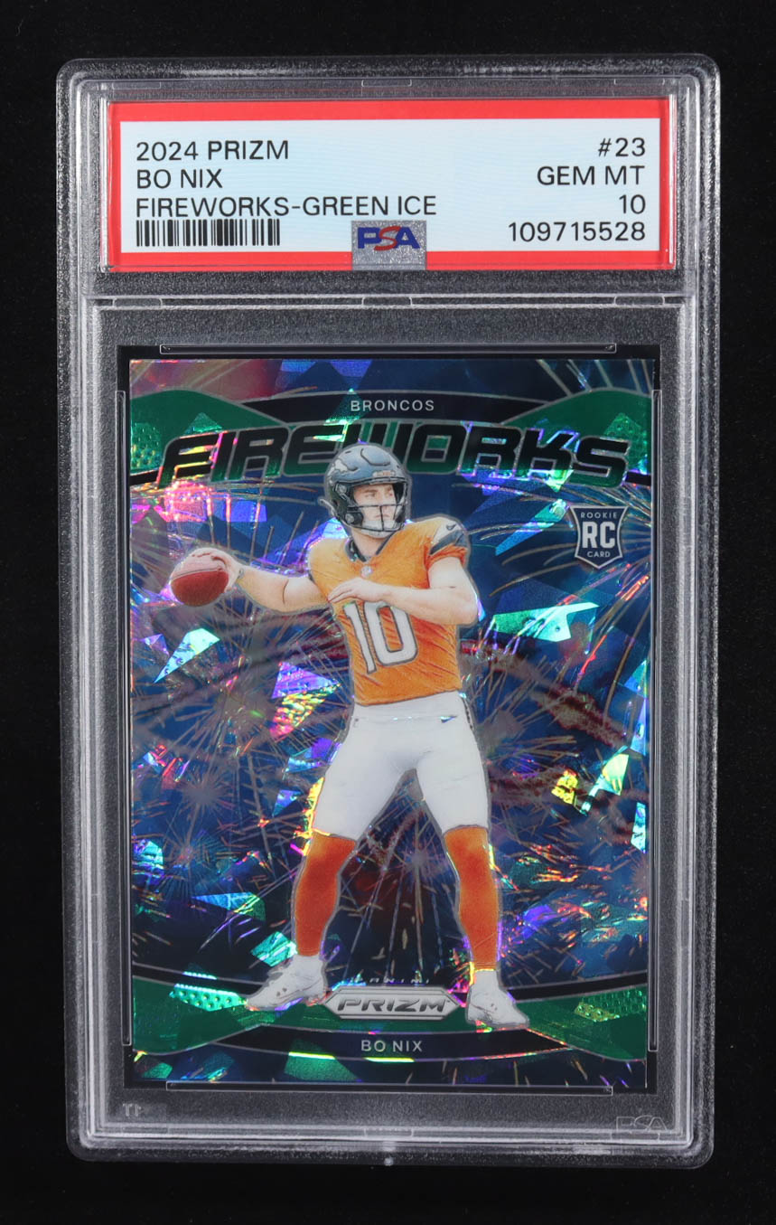 Bo Nix 2024 Panini Prizm Fireworks Prizms Green Ice #23 RC (PSA 10) at PristineAuction.com Bo Nix 2024 Panini Prizm Fireworks Prizms Green Ice #23 RC (PSA 10) at PristineAuction.com