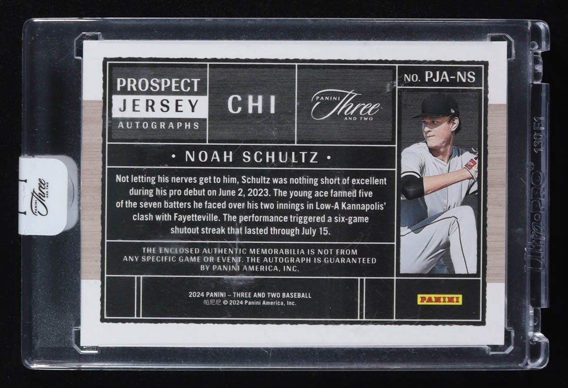 Noah Schultz 2024 Panini Three and Two Prospect Jersey Autographs Holo Silver #93 #19/49 RC at PristineAuction.com Noah Schultz 2024 Panini Three and Two Prospect Jersey Autographs Holo Silver #93 #19/49 RC at PristineAuction.com