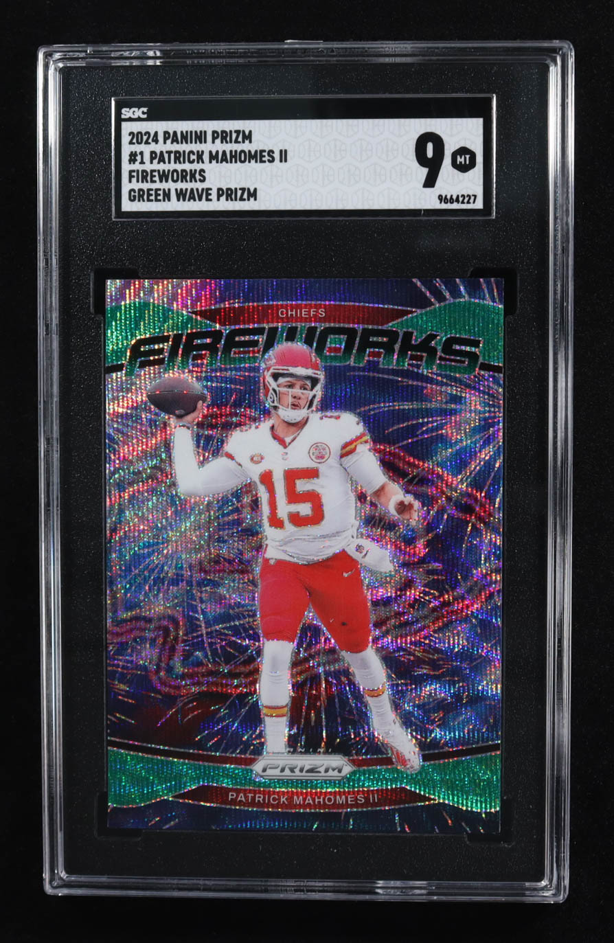 Patrick Mahomes II 2024 Panini Prizm Fireworks Prizms Green Wave #1 (SGC 9) at PristineAuction.com Patrick Mahomes II 2024 Panini Prizm Fireworks Prizms Green Wave #1 (SGC 9) at PristineAuction.com