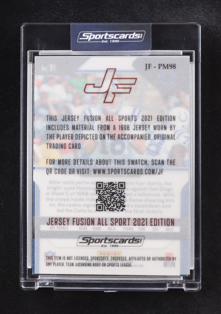 Peyton Manning 2021 Jersey Fusion Game-Used Swatch #PM98 at PristineAuction.com Peyton Manning 2021 Jersey Fusion Game-Used Swatch #PM98 at PristineAuction.com