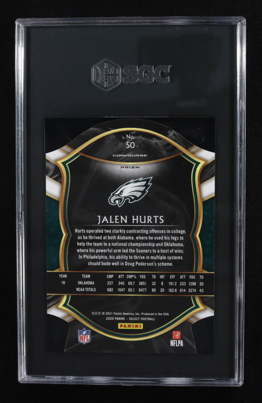 Jalen Hurts 2020 Select Prizm Purple Die Cut #50 RC (SGC 9.5) at PristineAuction.com Jalen Hurts 2020 Select Prizm Purple Die Cut #50 RC (SGC 9.5) at PristineAuction.com