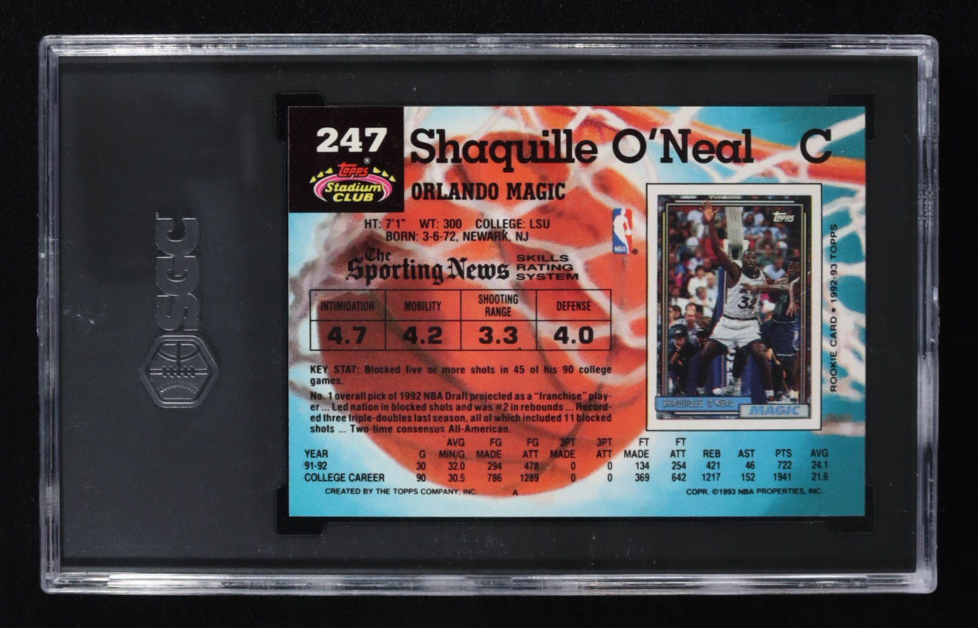 Shaquille O'Neal 1992-93 Stadium Club #247 RC (SGC 9.5) at PristineAuction.com Shaquille O'Neal 1992-93 Stadium Club #247 RC (SGC 9.5) at PristineAuction.com