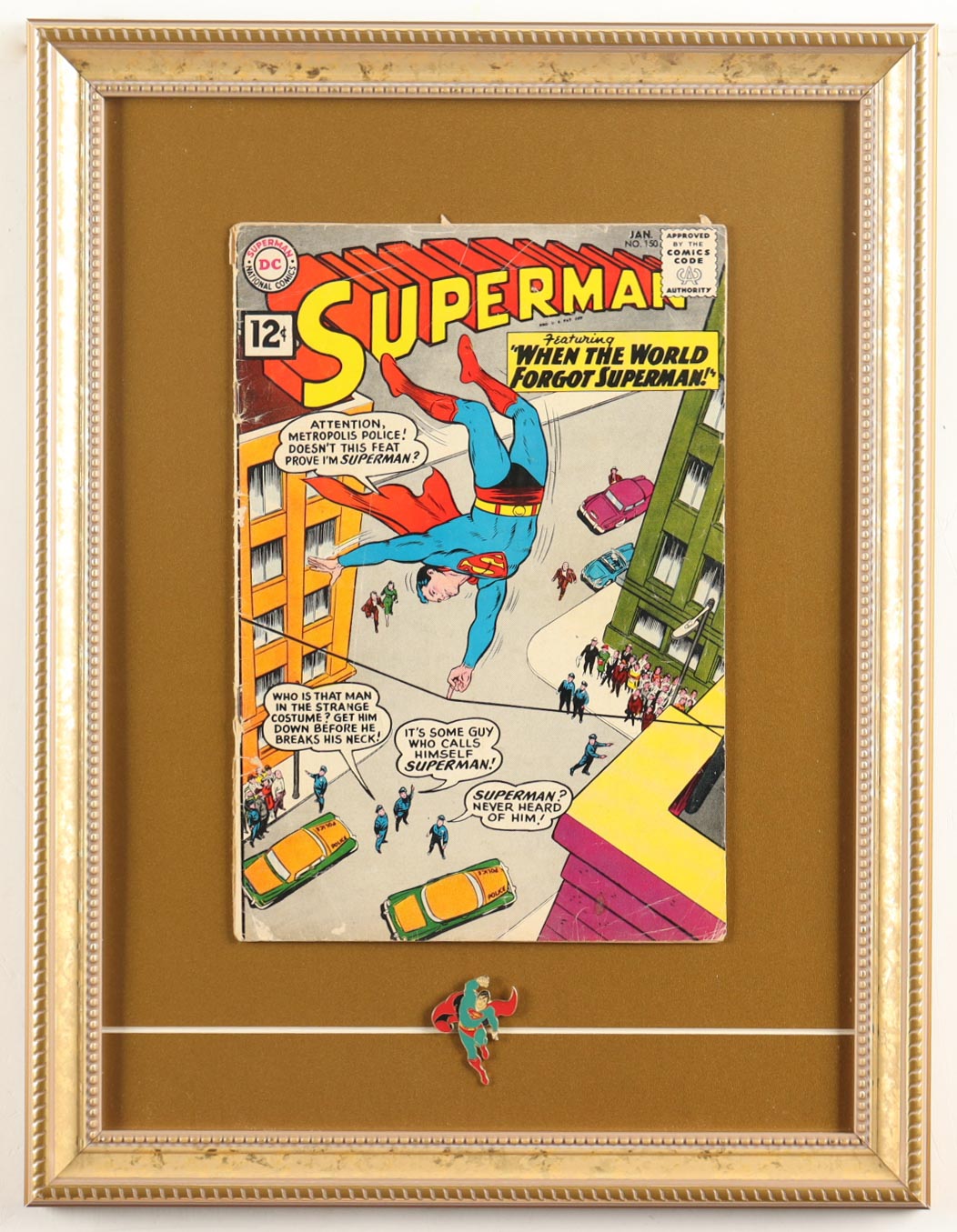 1962 "Superman" Issue #150 Custom Framed Comic Book Display With Superman Metal Logo Pin at PristineAuction.com 1962 "Superman" Issue #150 Custom Framed Comic Book Display With Superman Metal Logo Pin at PristineAuction.com
