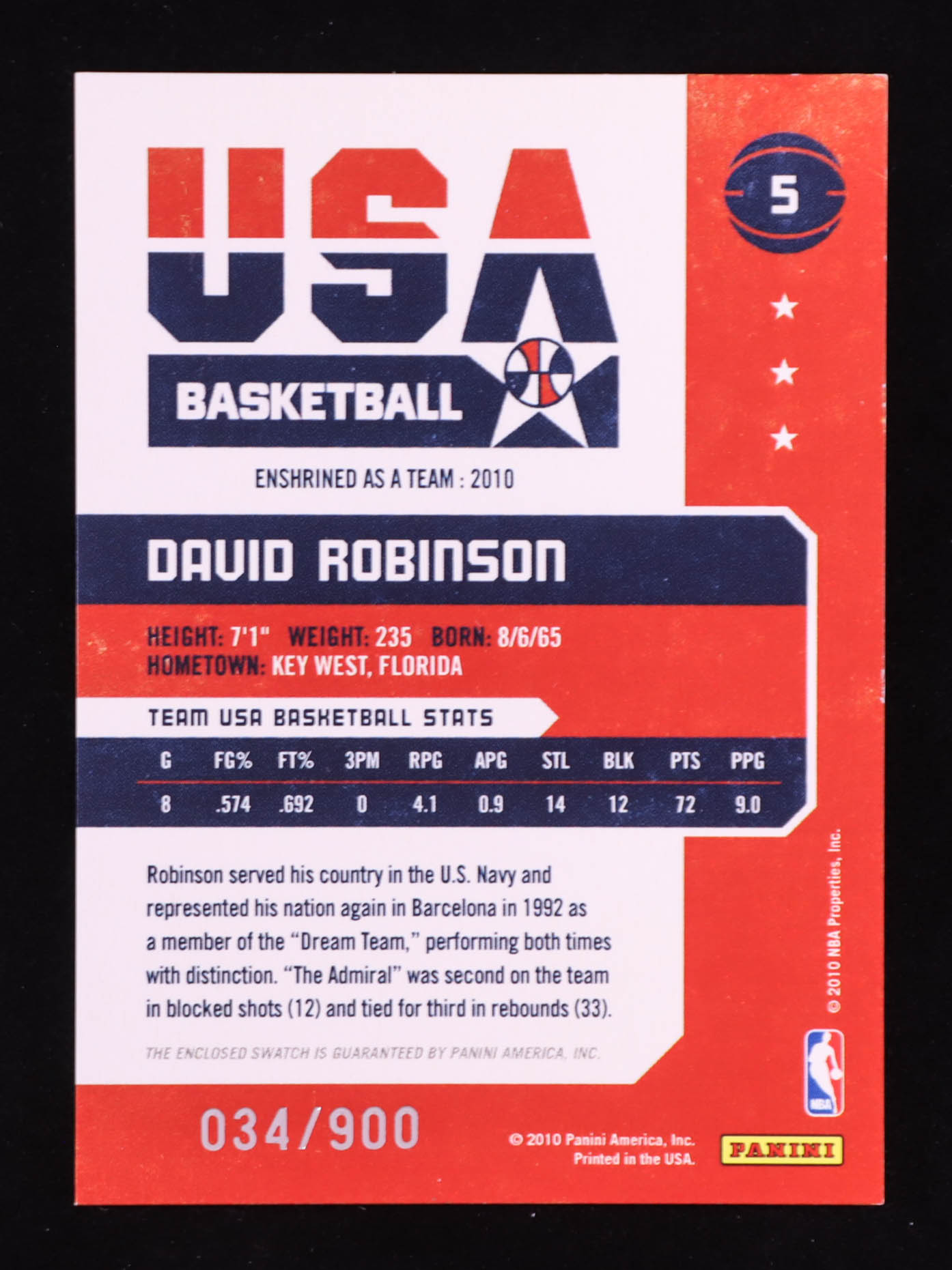 David Robinson 2009-10 Hall of Fame Dream Team Game Threads #5 #034/900 at PristineAuction.com David Robinson 2009-10 Hall of Fame Dream Team Game Threads #5 #034/900 at PristineAuction.com