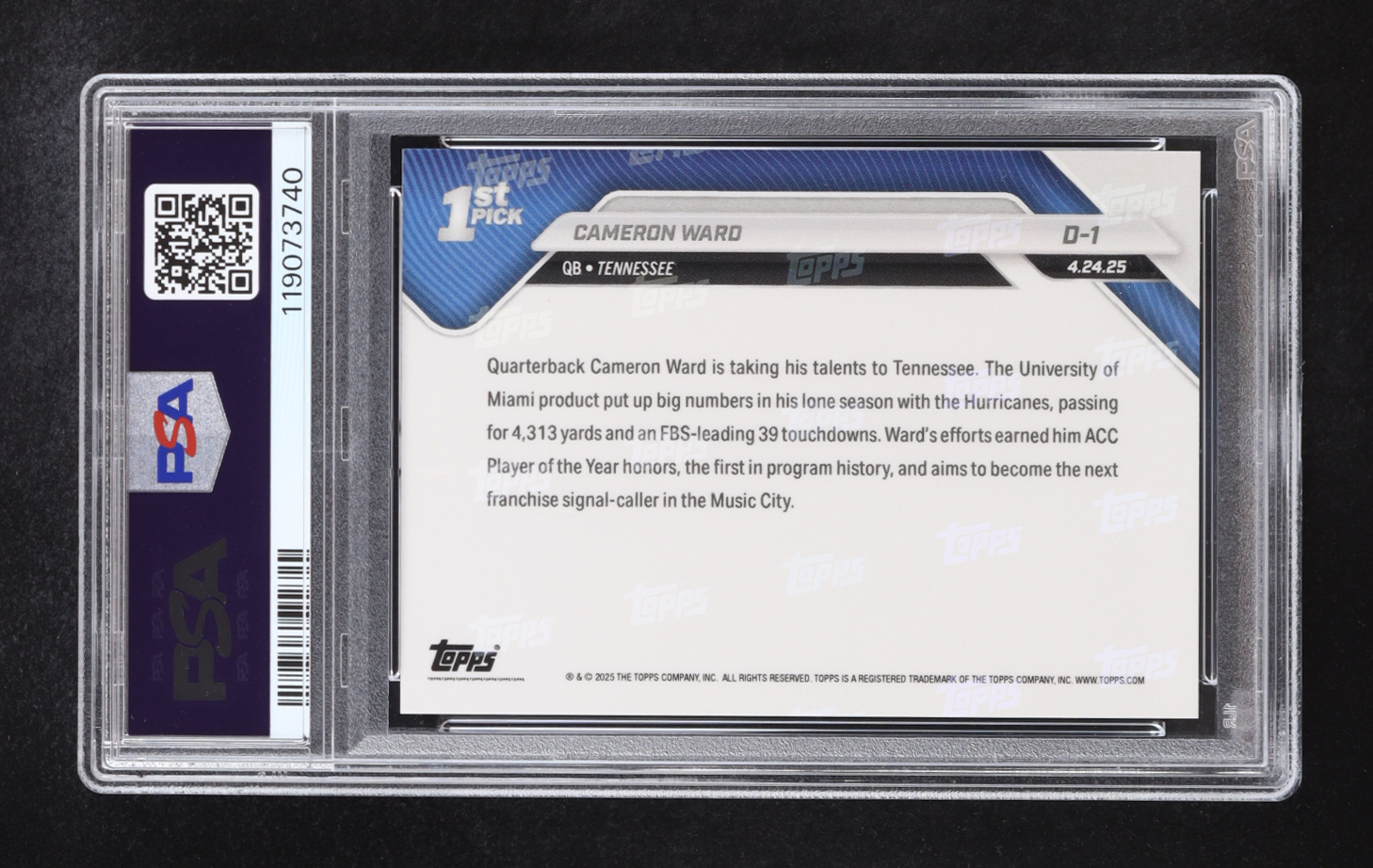 Cam Ward 2025 Topps Now #D1 RC (PSA 10) at PristineAuction.com Cam Ward 2025 Topps Now #D1 RC (PSA 10) at PristineAuction.com