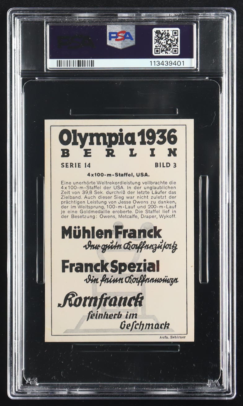 Owens/Metcalfe/Drapper/Wykoff 1936 Muhlen Franck Olympia 4 x 100 Meter 1936-Serie 14 #3 (PSA 3) at PristineAuction.com Owens/Metcalfe/Drapper/Wykoff 1936 Muhlen Franck Olympia 4 x 100 Meter 1936-Serie 14 #3 (PSA 3) at PristineAuction.com