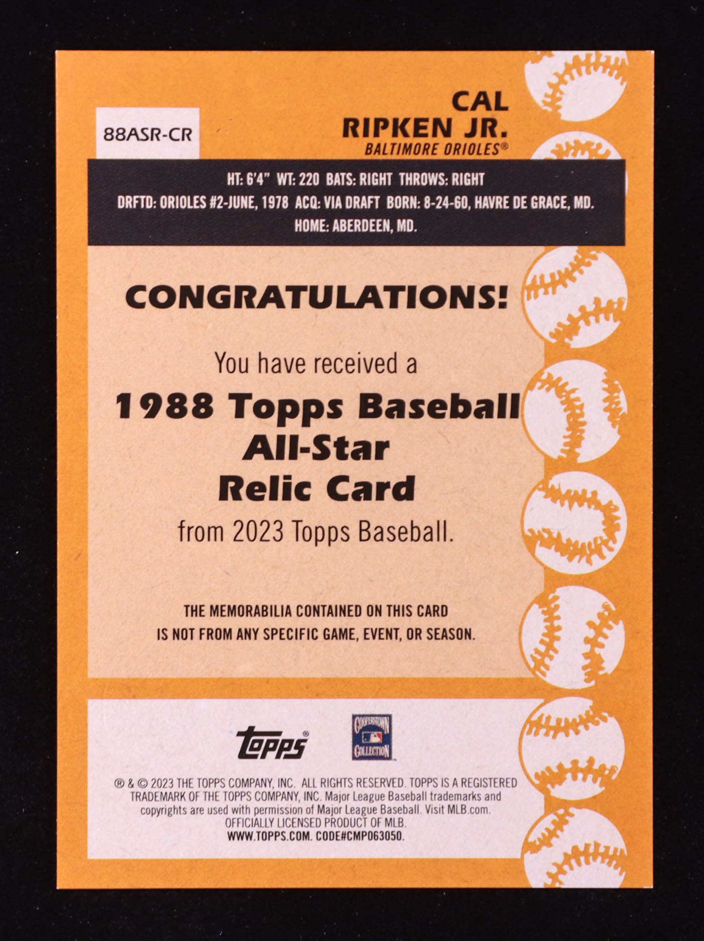 Cal Ripken Jr. 2023 Topps '88 Topps All Star Relics #88ASRCR at PristineAuction.com Cal Ripken Jr. 2023 Topps '88 Topps All Star Relics #88ASRCR at PristineAuction.com