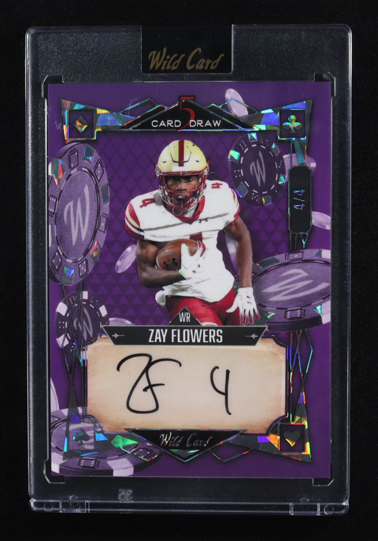 Zay Flowers 2023 Wild Card 5 Card Draw Modern Autographs Purple Crystal #5CDM106 #4/4 RC at PristineAuction.com Zay Flowers 2023 Wild Card 5 Card Draw Modern Autographs Purple Crystal #5CDM106 #4/4 RC at PristineAuction.com