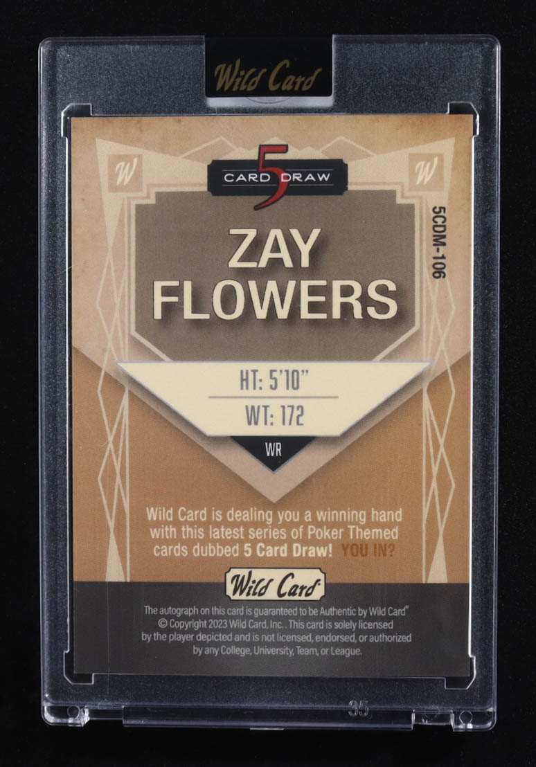 Zay Flowers 2023 Wild Card 5 Card Draw Modern Autographs Purple Crystal #5CDM106 #4/4 RC at PristineAuction.com Zay Flowers 2023 Wild Card 5 Card Draw Modern Autographs Purple Crystal #5CDM106 #4/4 RC at PristineAuction.com