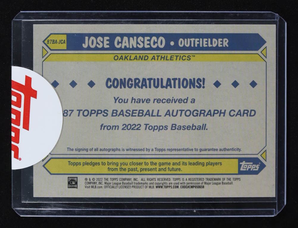 Jose Canseco 2022 Topps '87 Topps Autographs #87BAJCA at PristineAuction.com Jose Canseco 2022 Topps '87 Topps Autographs #87BAJCA at PristineAuction.com