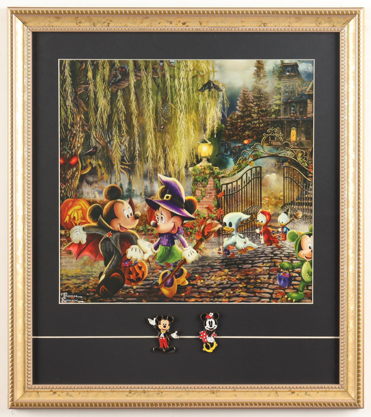 Thomas Kinkade Walt Disney's "Mickey & Minnie Mouse Halloween" Custom Framed Print Display With (2) Mickey & Minnie Figurines at PristineAuction.com Thomas Kinkade Walt Disney's "Mickey & Minnie Mouse Halloween" Custom Framed Print Display With (2) Mickey & Minnie Figurines at PristineAuction.com