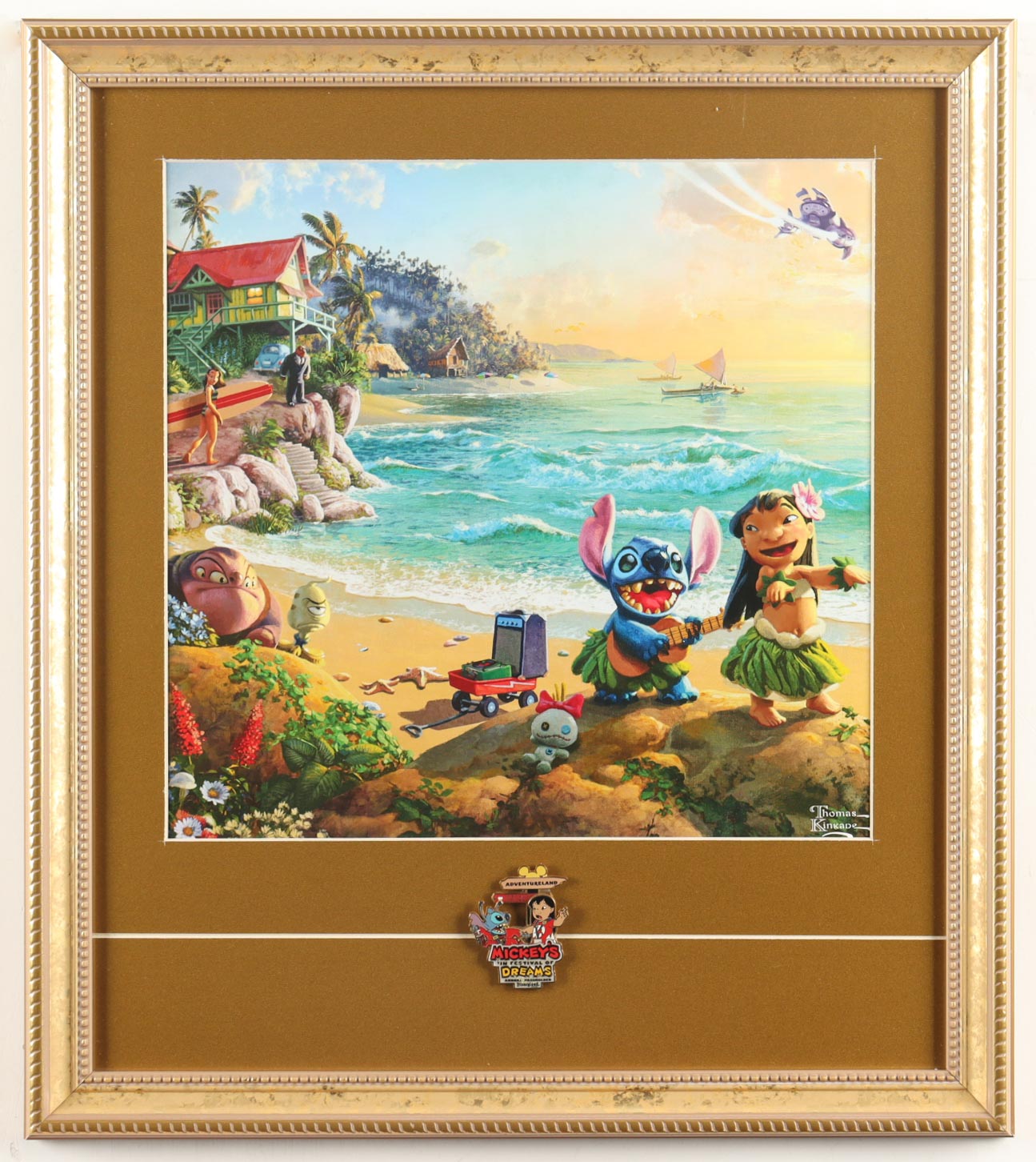 Thomas Kinkade Walt Disney's "Lilo & Stitch" Custom Framed Print Display with Mickey, Lilo & Stitch Pin at PristineAuction.com Thomas Kinkade Walt Disney's "Lilo & Stitch" Custom Framed Print Display with Mickey, Lilo & Stitch Pin at PristineAuction.com
