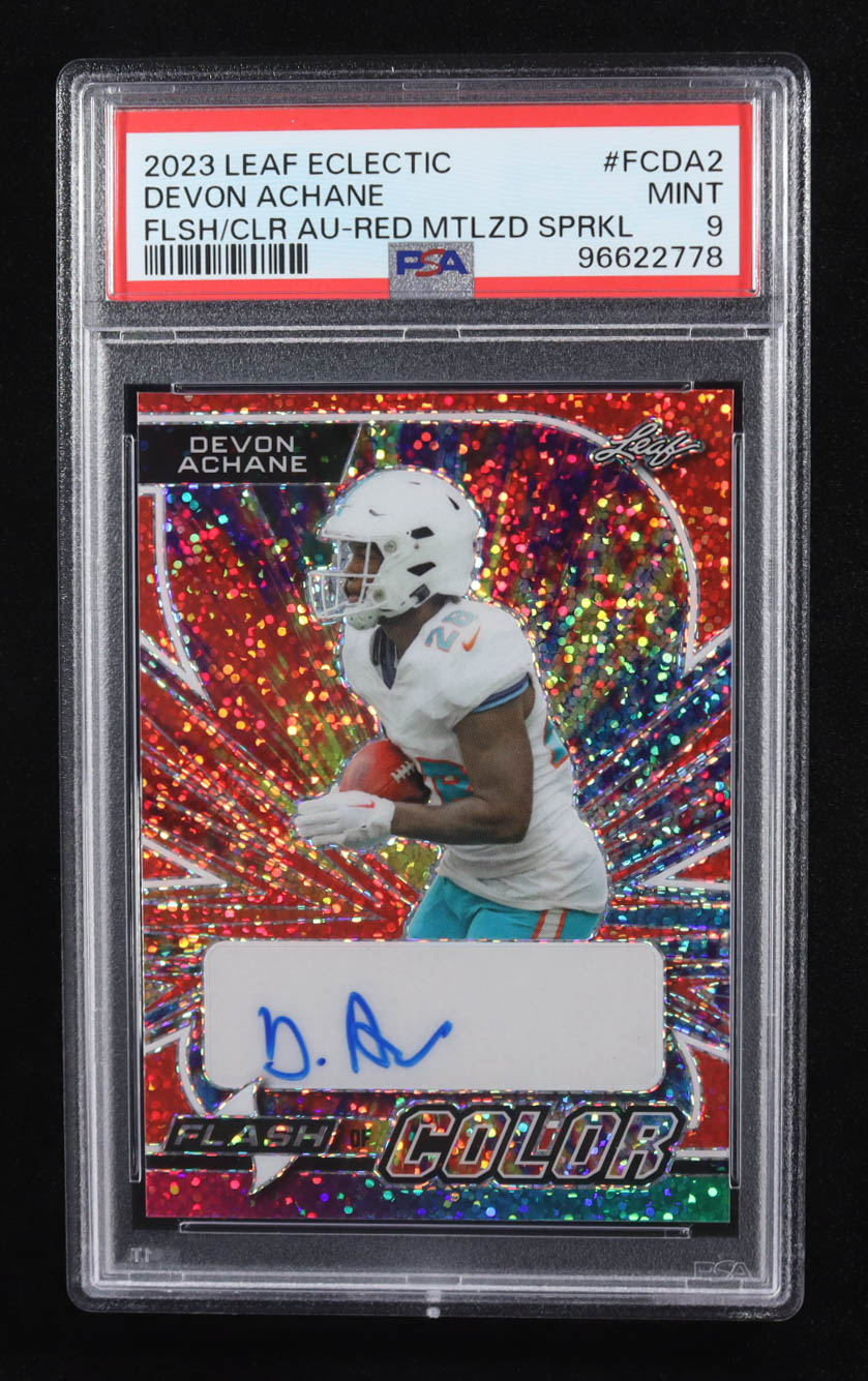 Devon Achane 2023 Leaf Eclectic Flash Color Autograph Red Metalized Sparkle #FCDA2 RC #8/9 (PSA 9) at PristineAuction.com Devon Achane 2023 Leaf Eclectic Flash Color Autograph Red Metalized Sparkle #FCDA2 RC #8/9 (PSA 9) at PristineAuction.com