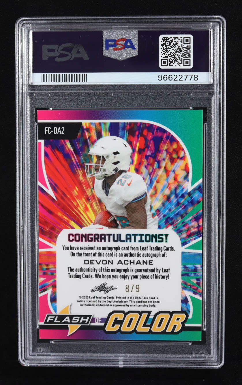 Devon Achane 2023 Leaf Eclectic Flash Color Autograph Red Metalized Sparkle #FCDA2 RC #8/9 (PSA 9) at PristineAuction.com Devon Achane 2023 Leaf Eclectic Flash Color Autograph Red Metalized Sparkle #FCDA2 RC #8/9 (PSA 9) at PristineAuction.com