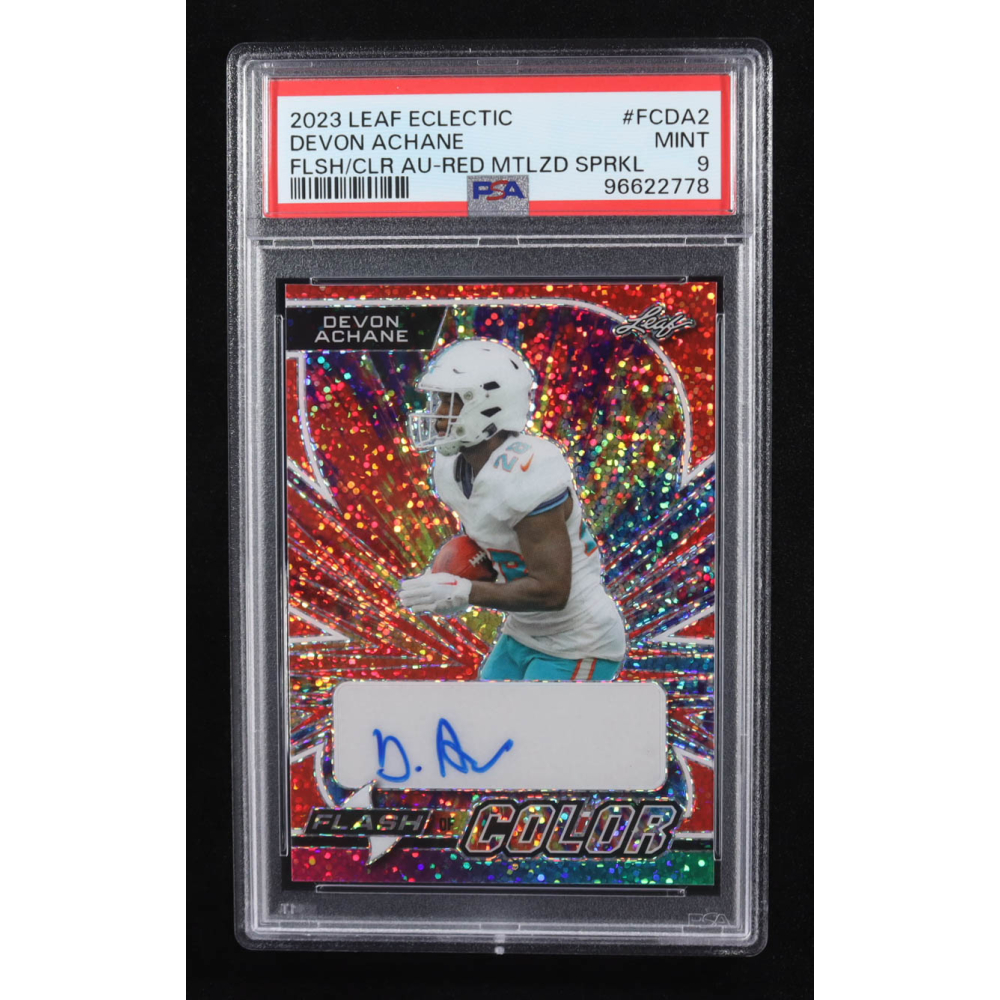 Devon Achane 2023 Leaf Eclectic Flash Color Autograph Red Metalized Sparkle #FCDA2 RC #8/9 (PSA 9) at PristineAuction.com