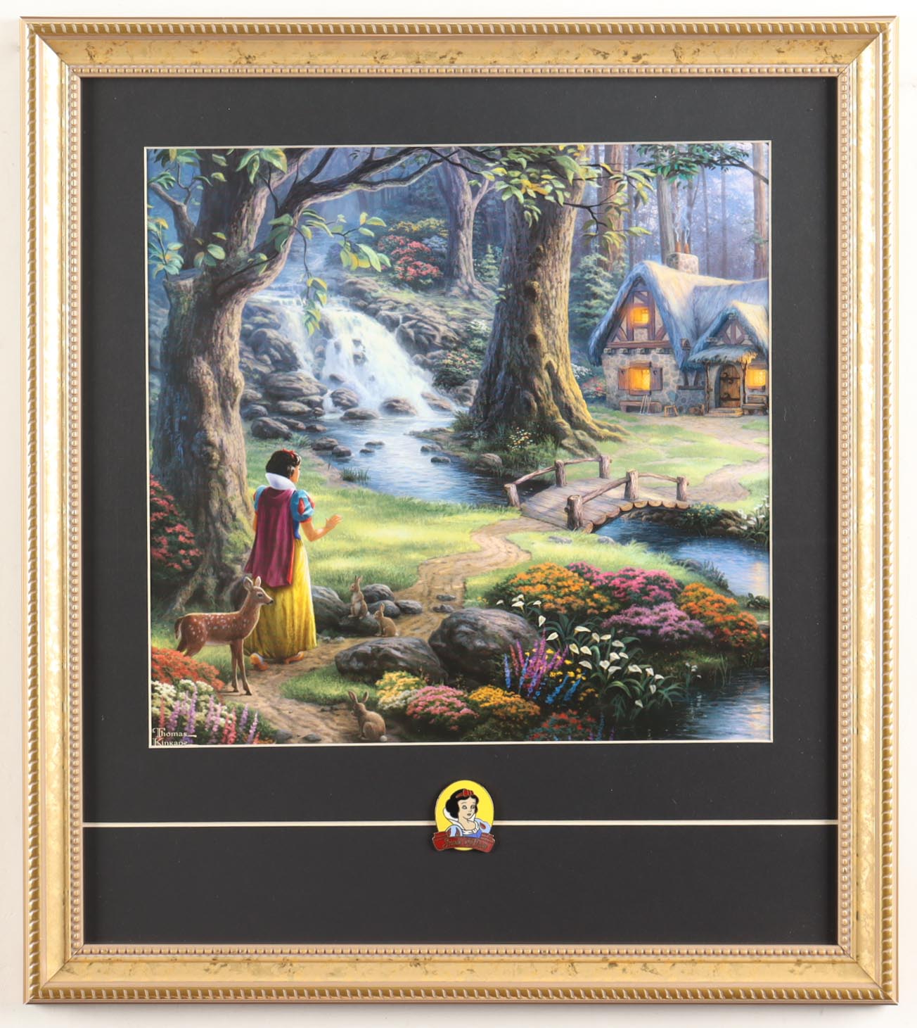 Thomas Kinkade Walt Disney's "Snow White's Cottage" Custom Framed Print Display with Official Movie Pin at PristineAuction.com Thomas Kinkade Walt Disney's "Snow White's Cottage" Custom Framed Print Display with Official Movie Pin at PristineAuction.com