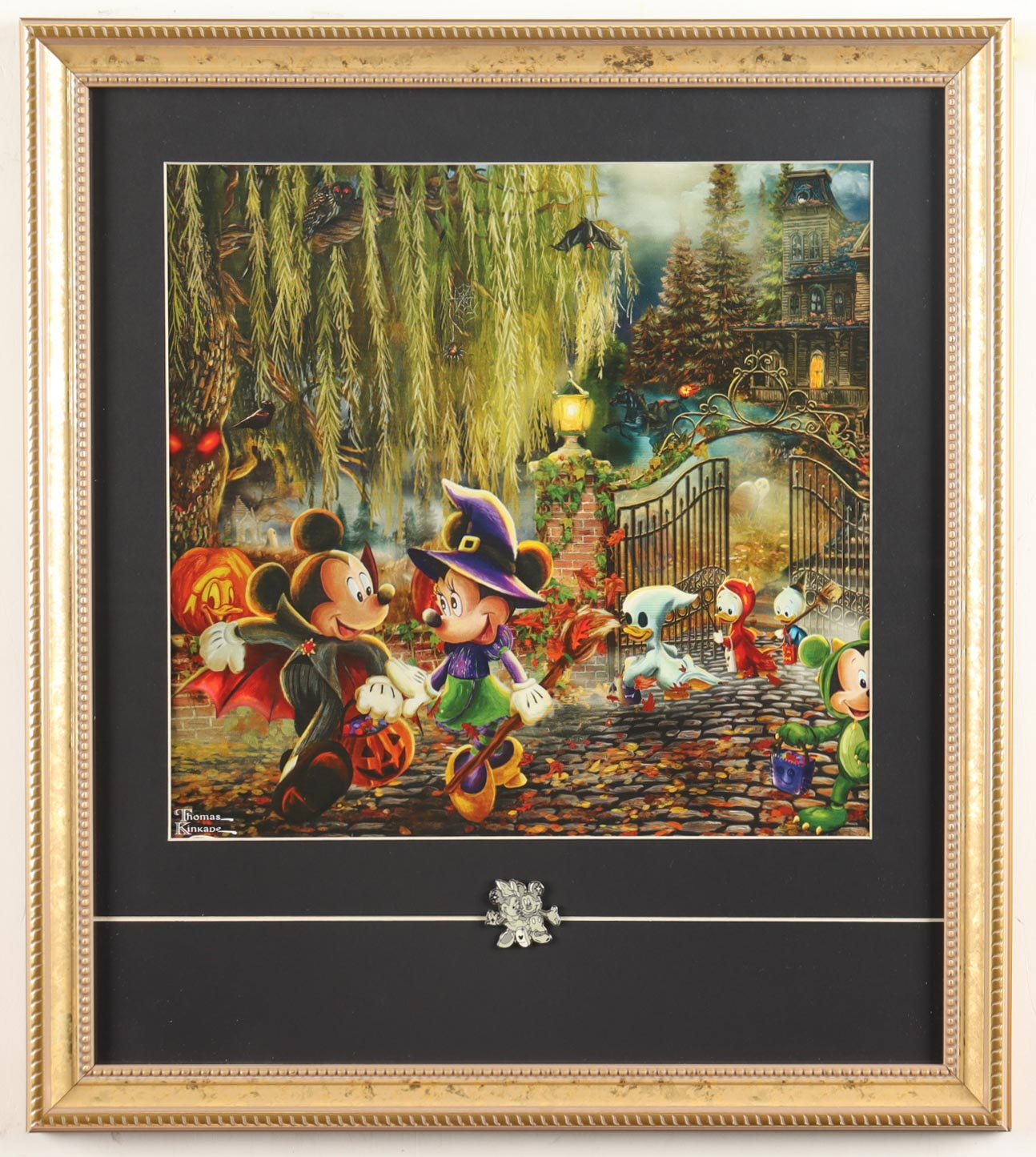 Thomas Kinkade Walt Disney's "Mickey & Minnie Mouse Halloween" Custom Framed Print Display With Mickey & Minnie Pin at PristineAuction.com Thomas Kinkade Walt Disney's "Mickey & Minnie Mouse Halloween" Custom Framed Print Display With Mickey & Minnie Pin at PristineAuction.com