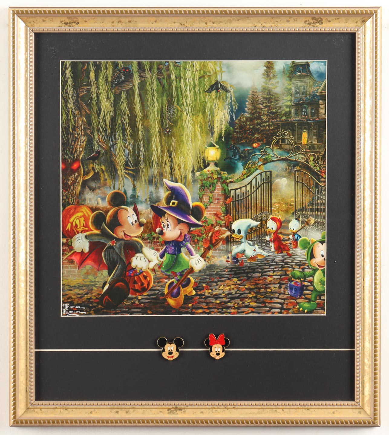 Thomas Kinkade Walt Disney's "Mickey & Minnie Mouse Halloween" Custom Framed Print Display With Mickey & Minnie Pins at PristineAuction.com Thomas Kinkade Walt Disney's "Mickey & Minnie Mouse Halloween" Custom Framed Print Display With Mickey & Minnie Pins at PristineAuction.com