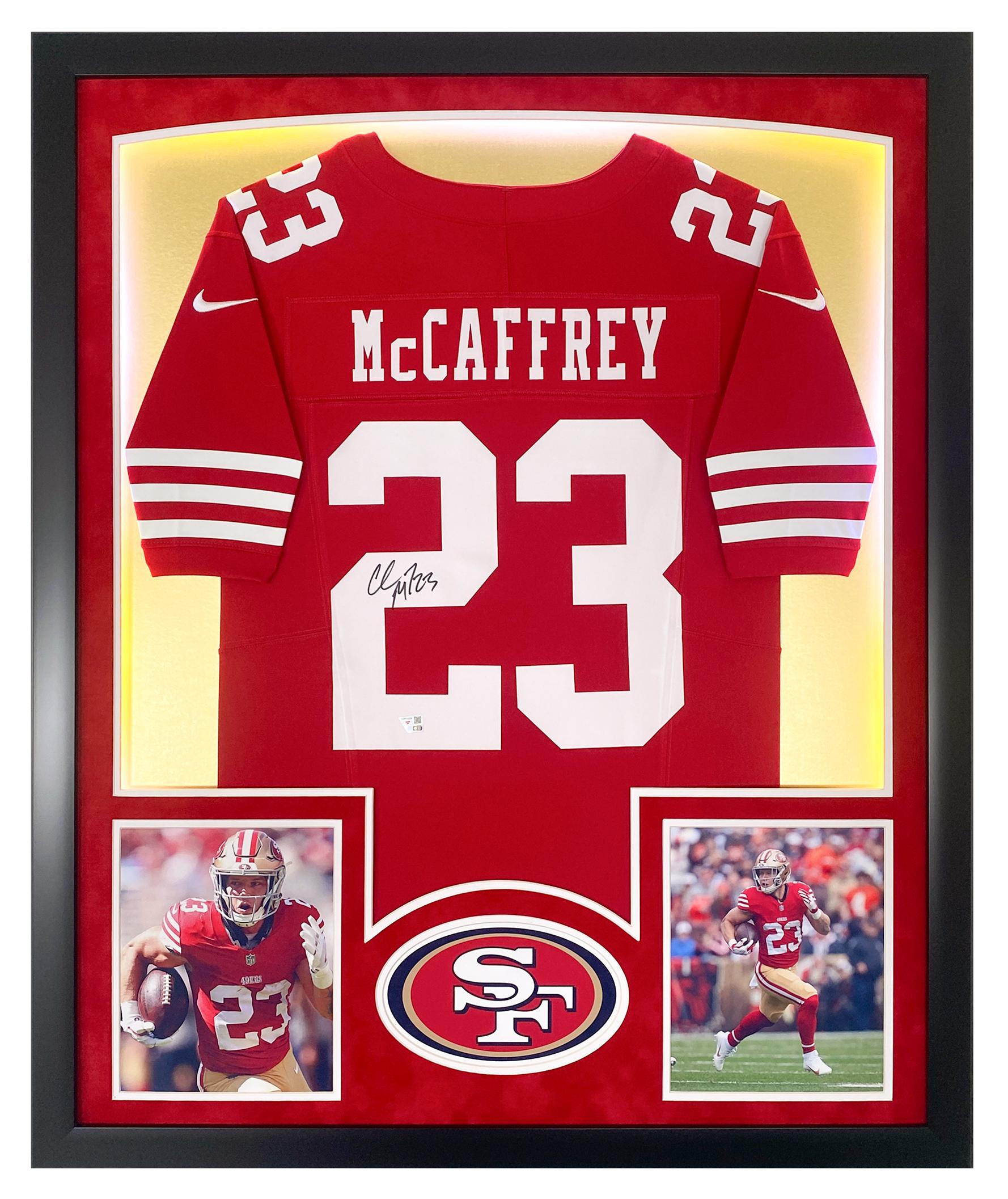 Christian McCaffrey Signed 49ers Custom Framed Jersey Display with LED Lights (Fanatics) at PristineAuction.com Christian McCaffrey Signed 49ers Custom Framed Jersey Display with LED Lights (Fanatics) at PristineAuction.com