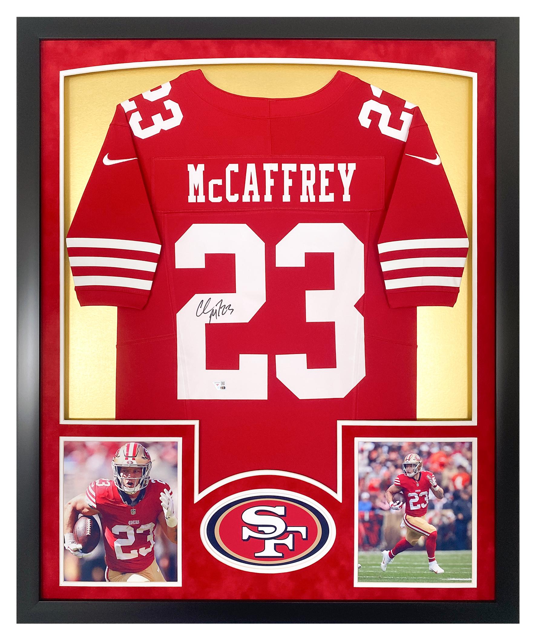 Christian McCaffrey Signed 49ers Custom Framed Jersey Display with LED Lights (Fanatics) at PristineAuction.com Christian McCaffrey Signed 49ers Custom Framed Jersey Display with LED Lights (Fanatics) at PristineAuction.com